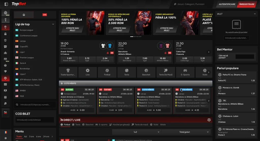 Secțiunea de pariuri sportive TopBet